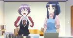  2girls animated animated_gif apron asakura_ryouko blue_hair chocolate glasses lowres multiple_girls nagato_yuki nagato_yuki-chan_no_shoushitsu purple_hair suzumiya_haruhi_no_shoushitsu suzumiya_haruhi_no_yuuutsu 