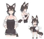  animal_ears apron bare_shoulders black_hair breasts child cleavage fox_ears fox_tail ganesagi hands_in_pockets holding interlocked_fingers medium_breasts nanashi_(ganesagi) original ponytail short_shorts shorts sleeves_rolled_up smile sweater tail yellow_eyes 