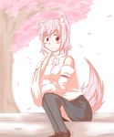  animal_ears bare_shoulders black_legwear blush breasts chikinman detached_sleeves inubashiri_momiji large_breasts looking_at_viewer no_hat no_headwear pom_pom_(clothes) red_eyes ribbon-trimmed_sleeves ribbon_trim short_hair silver_hair smile solo tail touhou wolf_ears wolf_tail 