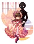  bonnet closed_eyes deemo deemo_(character) dress formal frills girl_(deemo) harrymiao highres holding_hands lolita_fashion mary_janes pink_dress rosetta_(deemo) shoes sitting suit 