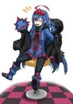  blue_hair boots button_eyes gen_5_pokemon hair_ornament highres hitokuirou hydreigon one_eye_closed personification pokemon puppet red_eyes scarf sitting solo stool tile_floor tiles zipper 