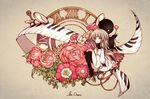  back-to-back crossed_legs deemo deemo_(character) flower flower_request full_body gears girl_(deemo) instrument iralion looking_at_viewer piano roman_numerals rose signature smile yellow_eyes 