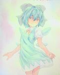  blue_eyes blue_hair bow cirno cowboy_shot hair_between_eyes hair_bow highres ice ice_wings looking_at_viewer neck_ribbon pink_background puffy_short_sleeves puffy_sleeves ribbon short_hair short_sleeves skirt_hold smile solo touhou traditional_media watercolor_(medium) wings yuyu_(00365676) 