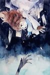  brown_hair deemo deemo_(character) falling girl_(deemo) glass_shards highres long_hair mukai_nemui reaching tears traditional_media watercolor_(medium) 