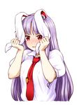  animal_ears blush bunny_ears ear_grab highres itou_yuuji long_hair looking_at_viewer necktie nervous open_mouth purple_hair red_eyes red_neckwear reisen_udongein_inaba solo sweat touhou tsurime upper_body white_background 