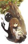  brown_hair deemo deemo_(character) dress dutch_angle girl_(deemo) heidyw highres plant potted_plant sitting tree 