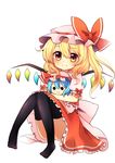  absurdres black_legwear blonde_hair blue_hair bow character_doll doll_hug flandre_scarlet hat hat_bow highres red_eyes remilia_scarlet ruhika sash solid_circle_eyes solo touhou white_background wings 