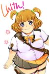  between_breasts big_belly blue_eyes blush breasts brown_hair copyright_name fat flower flower-shaped_pupils hasebe_shikiri large_breasts pleated_skirt school_uniform shinken!! short_hair short_twintails skirt smile solo strap_cleavage thick_thighs thigh_strap thighs twintails 