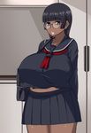  black_hair blue_eyes breasts censored dark_skin enoshima_iki huge_breasts maru_(maruttona) school_uniform 