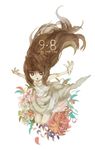  :o brown_hair deemo dress falling flower girl_(deemo) heidyw highres long_hair nine_point_eight_(deemo) outstretched_arms solo song_name spread_arms 