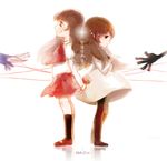  amozoe back-to-back brown_hair crossover deemo deemo_(character) full_body garry_(ib) girl_(deemo) ib ib_(ib) multiple_girls reaching skirt standing 