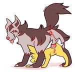  anal anal_penetration animal_genitalia anus balls butt canine clitoris cum cum_in_ass cum_inside duo eeveelution erection eyes_closed female feral fur half-closed_eyes jolteon knot looking_back male mammal mightyena nintendo nude penetration penis pok&eacute;mon pussy red_eyes saliva sex shugowah smile tongue tongue_out video_games yellow_fur 