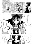  2girls apron arm_up bow braid comic cravat detached_sleeves forest frilled_skirt frills greyscale hair_bow hair_tubes hakurei_reimu hand_on_own_head hand_on_own_stomach hat kirisame_marisa long_hair monochrome multiple_girls nature ponytail puffy_short_sleeves puffy_sleeves ribbon-trimmed_sleeves ribbon_trim short_sleeves single_braid skirt sonson_(eleven) standing standing_on_one_leg stomach_growling touhou translation_request vest waist_apron walking waving witch_hat 