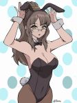  1girl absurdres animal_ears arms_up bae_joohyun bangs black_leotard breasts brown_eyes brown_hair bunny_ears bunny_girl bunny_tail bunnysuit cleavage detached_collar eyebrows_visible_through_hair futaba_rio glasses highres large_breasts leotard long_hair looking_at_viewer open_mouth pantyhose ponytail seishun_buta_yarou solo strapless strapless_leotard tail wrist_cuffs 