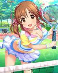  :d ball breasts brown_eyes brown_hair cleavage hair_ribbon holding idolmaster idolmaster_cinderella_girls jewelry large_breasts leaning_forward lens_flare looking_at_viewer necklace official_art open_mouth pleated_skirt racket ribbon skirt smile solo sparkle sportswear striped tennis_ball tennis_racket tennis_uniform totoki_airi tree twintails 