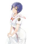  aika_granzchesta aria blue_hair bow clothes_grab dress earrings highres himeya_company_uniform jewelry kuroko_(piii) no_hat no_headwear red_bow sailor_collar short_hair simple_background smile solo very_short_hair white_background white_dress yellow_eyes 