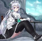  armor black_legwear butterfly_hair_ornament chaika_trabant gun hair_ornament hairband highres hitsugi_no_chaika houtengeki juliet_sleeves lolita_hairband long_hair long_sleeves looking_at_viewer puffy_sleeves purple_eyes rifle silver_hair sitting smile solo thighhighs very_long_hair weapon 