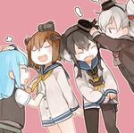  amatsukaze_(kantai_collection) anchor black_legwear blue_eyes brown_hair closed_eyes dress fang glider_(artist) hair_tubes hand_on_another's_head hat hatsukaze_(kantai_collection) kantai_collection lifebuoy long_hair mini_hat multiple_girls open_mouth pantyhose sailor_collar sailor_dress short_hair silver_hair tokitsukaze_(kantai_collection) two_side_up yukikaze_(kantai_collection) 