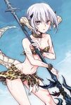  animal_print au_ra bandeau bangs bare_shoulders bikini blue_sky breasts brown_eyes choker cleavage cloud collarbone cowboy_shot day dragon_girl dragon_horns dragon_tail facial_mark final_fantasy final_fantasy_xiv forehead_mark green_eyes groin hair_between_eyes holding holding_weapon horns leopard_print over_shoulder polearm reitomo sarong scales short_hair side-tie_skirt sky small_breasts solo spear swimsuit tail weapon weapon_over_shoulder white_hair wristband 
