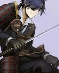  armor black_hair blue_hair eyepatch gloves japanese_armor katana male_focus necktie ruchi shokudaikiri_mitsutada shoulder_armor sode solo sword touken_ranbu weapon yellow_eyes 