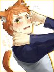  animal_ears blush cat_ears cat_tail emiya_shirou extra_ears fate/stay_night fate_(series) kemonomimi_mode male_focus orange_hair raglan_sleeves ruchi solo tail yellow_eyes 