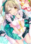  ;q apron between_legs bow bowtie brown_hair eyebrows_visible_through_hair from_above green_bow green_neckwear green_ribbon green_skirt hair_ribbon hand_between_legs long_hair looking_at_viewer looking_up love_live! love_live!_school_idol_project maid minami_kotori mogyutto_&quot;love&quot;_de_sekkin_chuu! one_eye_closed one_side_up pleated_skirt ribbon short_sleeves sitting skirt solo tongue tongue_out wariza white_apron white_legwear yuuki_(yukinko-02727) 
