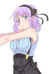  blue_eyes breasts dagashi_kashi flower hair_flower hair_ornament hairband high-waist_skirt large_breasts mitche purple_hair shidare_hotaru short_hair simple_background skirt sleeveless solo white_background 