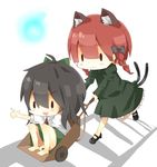  :3 ahoge animal_ears black_hair black_ribbon brown_hair cat_ears cat_tail chibi dress fang green_dress green_ribbon hair_ribbon kaenbyou_rin multiple_girls multiple_tails nekomata open_mouth pointing rasu_(rasarosu) reiuji_utsuho ribbon short_hair tail touhou two_tails 