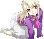  ascot fate/stay_night fate_(series) grin illyasviel_von_einzbern kneeling long_hair looking_at_viewer purple_shirt red_eyes ruchi shirt skirt smile solo white_hair white_legwear 