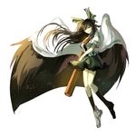  arm_cannon bird_wings black_hair black_legwear black_wings bow cape covering_one_eye full_body hair_bow hair_ornament kneehighs long_hair looking_at_viewer mismatched_footwear puffy_sleeves red_eyes reiuji_utsuho shirt short_sleeves silence_girl simple_background skirt smile smug solo star_(sky) third_eye touhou weapon white_background wings 