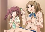  2girls breasts brown_hair clover four-leaf_clover idolmaster idolmaster_cinderella_girls mimura_kanako multiple_girls ogata_chieri open_mouth pokowachikusu ribbon skirt twintails 