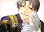  blue_eyes brown_hair gloves hand_on_another's_face heshikiri_hasebe holding_hands looking_at_viewer open_mouth ruchi saniwa_(touken_ranbu) smile solo_focus touken_ranbu white_gloves 