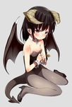  black_hair blush brown_eyes collar collarbone demon_girl demon_horns demon_tail demon_wings glasses gomibox hair_ribbon high_heels highres horns leotard long_hair looking_at_viewer original pantyhose playboy_bunny_leotard pout ribbon simple_background solo tail wings 