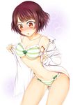  bad_id bad_pixiv_id blush bra brown_hair chestnut_mouth itou_miyabi open_clothes open_shirt p_book panties personality_switch red_eyes shirt short_hair striped striped_bra striped_panties underwear yamada-kun_to_7-nin_no_majo 