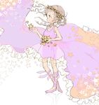  bad_id bad_pixiv_id brown_hair dress earrings hair_ornament hair_rings head_wreath holding jewelry leg_ribbon necklace nucco original pink_dress pink_footwear reflective_floor ribbon see-through_silhouette shoes solo star star_earrings star_hair_ornament star_necklace 