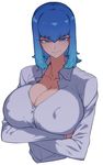  bangs blue_eyes blue_hair breast_hold breasts cleavage commentary_request covered_nipples crossed_arms huge_breasts long_hair original shirt smile solo space_jin tsurime upper_body zoe_(space_jin) 