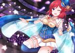  blue_legwear blush breasts cleavage constellation_costume fur_trim garters glowstick hat looking_at_viewer love_live! love_live!_school_idol_project medium_breasts mmrailgun nishikino_maki one_eye_closed open_mouth pleated_skirt purple_eyes red_hair short_hair skirt solo sparkle stage starry_sky_print thighhighs 
