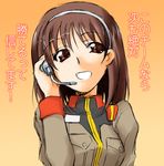  brown_eyes brown_hair female gradient gradient_background gundam gundam_lost_war_chronicles headset lowres noel_anderson solo tatukiyuu 