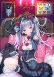  asymmetrical_legwear breasts bug butterfly candle crown dress elbow_gloves flower frilled_dress frills gloves gothic_lolita highres insect large_breasts lolita_fashion long_hair looking_at_viewer namanie original red_eyes rose silver_hair smile solo thighhighs twintails 
