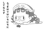  ascot bangs blunt_bangs check_translation chibi commentary_request glasses greyscale headdress kantai_collection lying mikojin_(pixiv2713884) monochrome pince-nez roma_(kantai_collection) shirt short_hair simple_background skirt solo translation_request |_| 