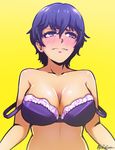  akairiot bad_id bad_tumblr_id bangs biting blue_hair blush bra breasts embarrassed hair_between_eyes lace lace-trimmed_bra large_breasts lip_biting looking_away persona persona_4 purple_bra purple_eyes shirogane_naoto short_hair signature simple_background solo strap_slip underwear underwear_only upper_body yellow_background 