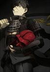  1boy armor bad_id bad_pixiv_id black_hair crest doudanuki_masakuni family_crest helmet holding holding_helmet japanese_armor japanese_clothes kabuto_(helmet) male_focus menpoo nodowa_(gorget) ruchi scar shoulder_armor sode solo touken_ranbu unworn_headwear unworn_helmet yellow_eyes yotsuwari-bishi 