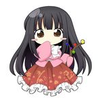  black_hair blush_stickers branch brown_eyes chibi closed_mouth highres houraisan_kaguya jeweled_branch_of_hourai long_hair simple_background sleeves_past_wrists smile solo touhou usagi_koushaku white_background 