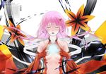  bare_shoulders breasts center_opening cleavage closed_eyes detached_sleeves elbow_gloves fingerless_gloves gloves guilty_crown hair_ornament hairclip hands_on_own_chest highres long_hair medium_breasts navel open_mouth pink_hair solo trix_(walpurgis999) twintails yuzuriha_inori 