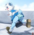  2015 anthro balls bear black_nose blue_eyes blue_fur blush bulge clothed clothing cloud crossdressing embarrassed frosz fur girly kivwolf looking_back male mammal panda panties purse rear_view running school_uniform sky solo underwear 