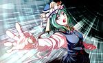  angry epaulettes fingernails furim green_eyes green_hair hat light_trail long_sleeves looking_at_viewer open_mouth outstretched_arms reaching shiki_eiki short_hair solo spread_arms touhou vest wallpaper 