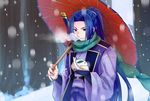  assassin_(fate/stay_night) blue_hair fate/stay_night fate_(series) japanese_clothes kamehima long_hair male_focus ponytail snow snow_bunny solo sword umbrella weapon 