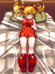  ankle_boots bed blonde_hair blue_eyes blush boots bow breasts dress effie fingerless_gloves full-face_blush gloves hair_bow long_hair looking_at_viewer medium_breasts on_bed oppai_loli osamu_yagi pillow red_dress red_gloves ribbon solo spikes street_fighter street_fighter_iii_(series) sweatdrop twintails 