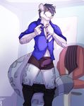  2015 boxers bulge clothed clothing dress_shirt feline fluffy_tail half-dressed leopard looking_at_viewer male mammal mystikfox61 necktie novus pants presenting shirt smile snow_leopard solo standing underwear undressing 