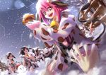  animal_ears animal_print bell bell_collar black_hair collar cow cow_ears cow_print cow_tail highres holding hood hoodie kamogawa_shuujin multiple_girls navel open_mouth red_hair smile snow snowflakes snowman tail 